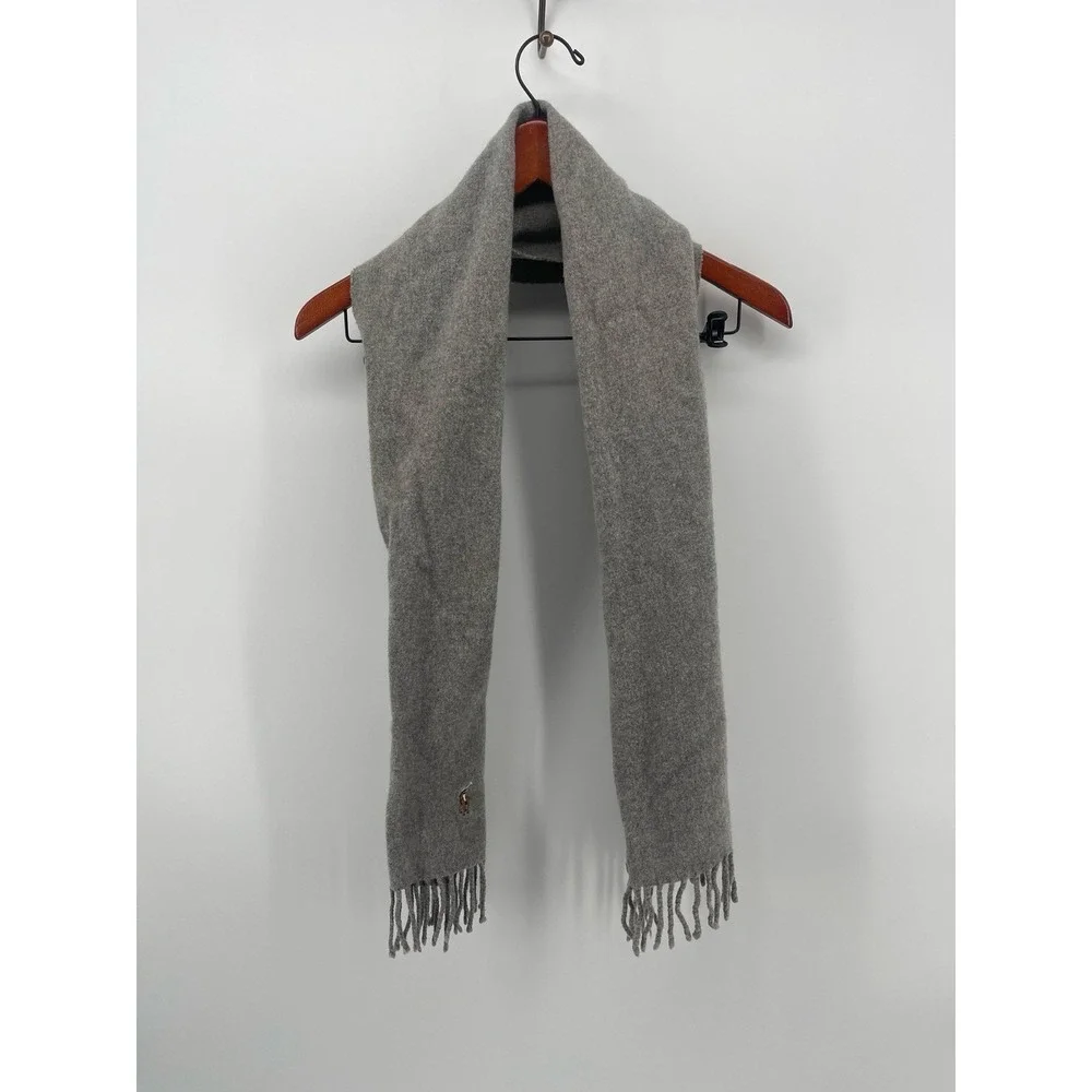 Polo Ralph Lauren Gray 100% Lambswool Fringe Scarf Italy Pony Logo